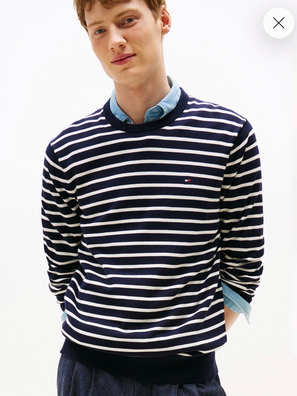 Tommy Hilfiger Men’s Essentials Desert Sky Navy & Ivory Crewneck Cotton Sweater